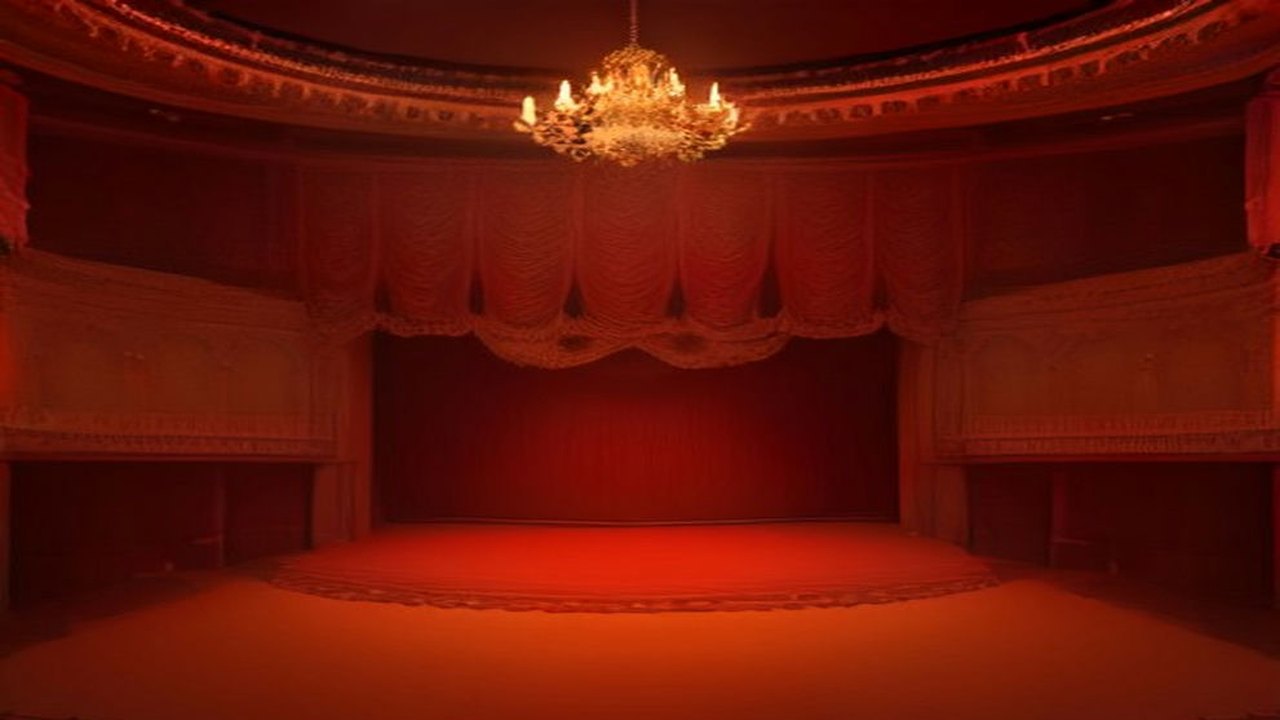 Interior de un teatro antiguo con candelabro, cortinas rojas y el escenario vacío iluminado en tonos rojos y naranjas