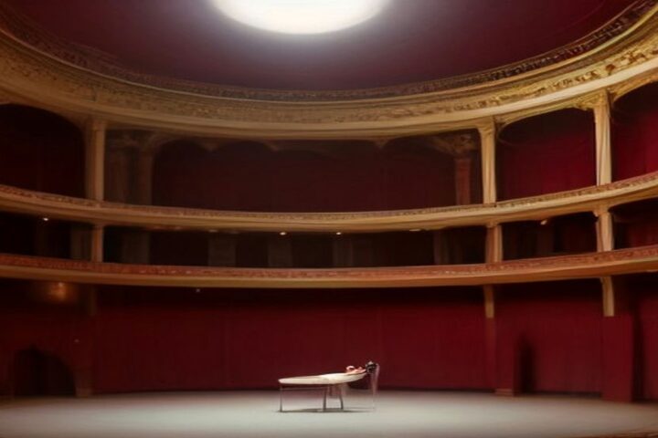 Interior de un teatro histórico con balcones dorados y cortinas rojas, con el escenario vacío iluminado y una pequeña banca al centro