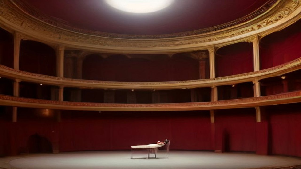 Interior de un teatro histórico con balcones dorados y cortinas rojas, con el escenario vacío iluminado y una pequeña banca al centro