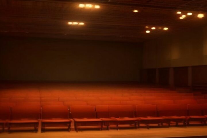 Auditorio vacío con filas de butacas rojas, muros de madera y luces cálidas en el techo