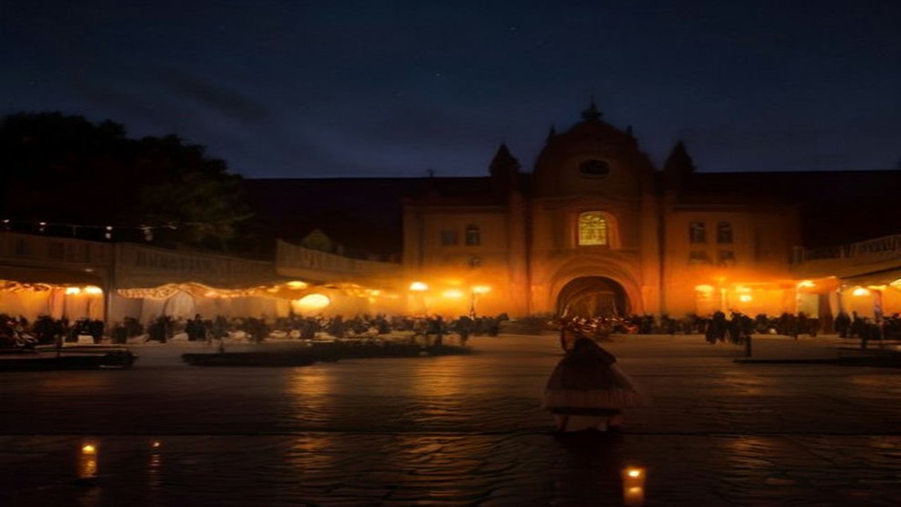 Plaza de un pueblo tradicional de noche durante el Día de Muertos, con la fachada iluminada de una iglesia colonial, velas y guirnaldas de cempasúchil