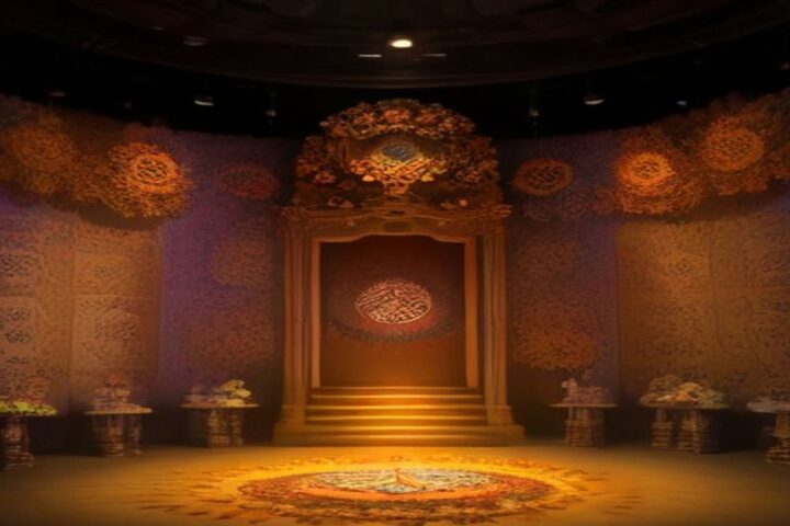 Sala decorada para Día de Muertos con muros morados y naranjas cubiertos de motivos florales, un altar iluminado al fondo y arreglos de flores en pedestales