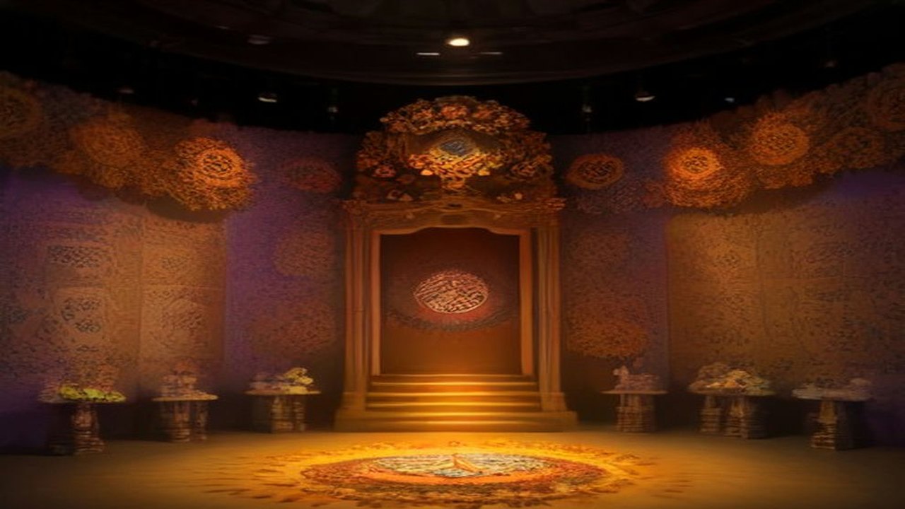 Sala decorada para Día de Muertos con muros morados y naranjas cubiertos de motivos florales, un altar iluminado al fondo y arreglos de flores en pedestales