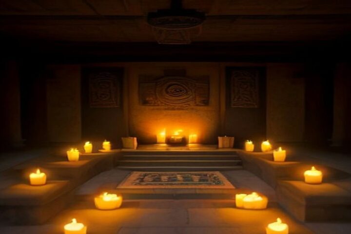 Sala de piedra oscura con relieves geométricos en los muros y velas encendidas alrededor de un altar bajo, en penumbra cálida