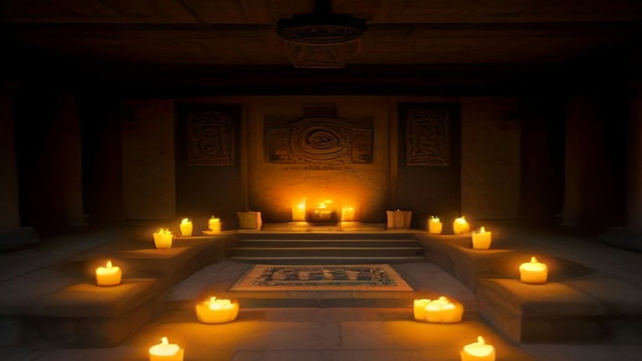 Sala de piedra oscura con relieves geométricos en los muros y velas encendidas alrededor de un altar bajo, en penumbra cálida