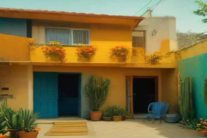 Fachada de una casa de colores amarillo y azul con macetas de flores naranjas en el balcón y cactus en el patio, bajo un cielo despejado