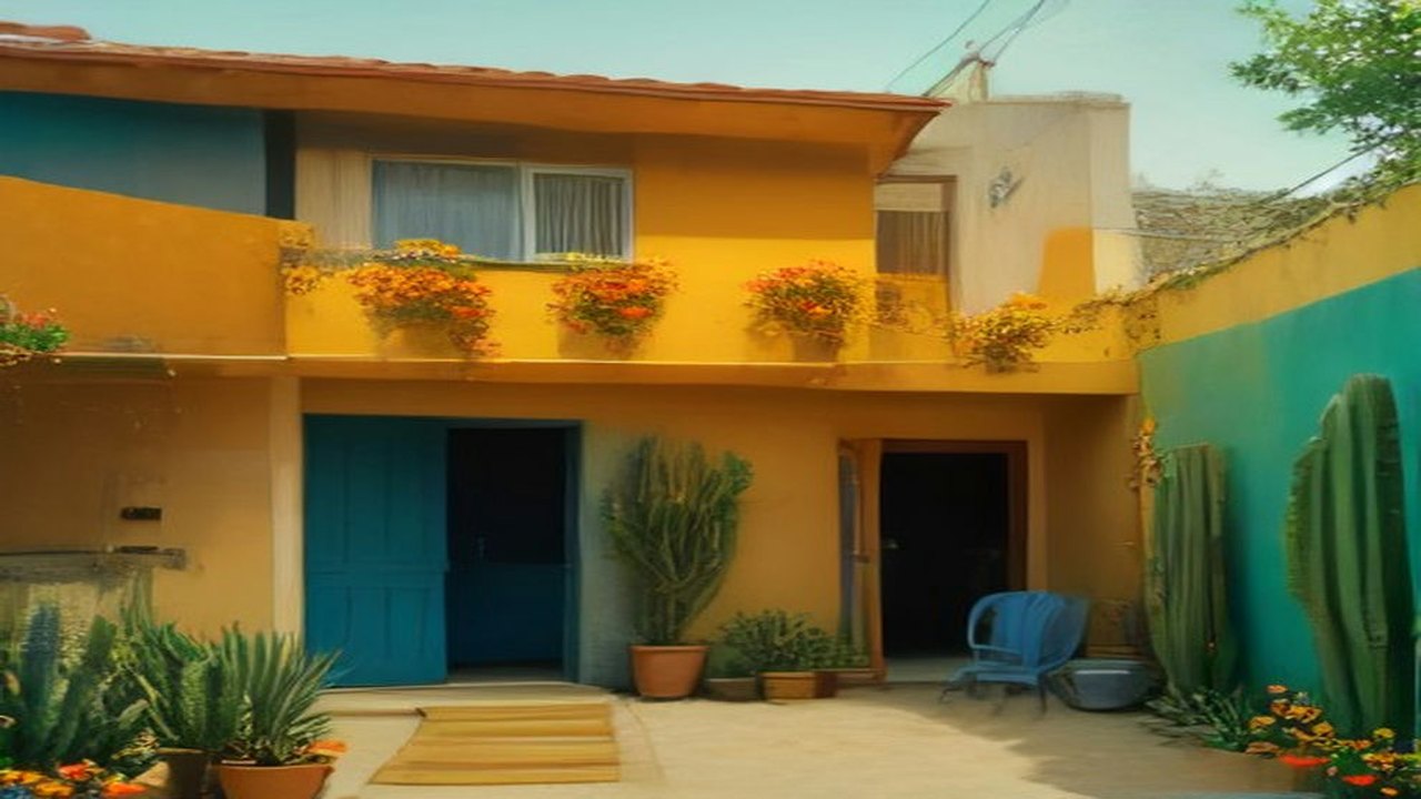 Fachada de una casa de colores amarillo y azul con macetas de flores naranjas en el balcón y cactus en el patio, bajo un cielo despejado
