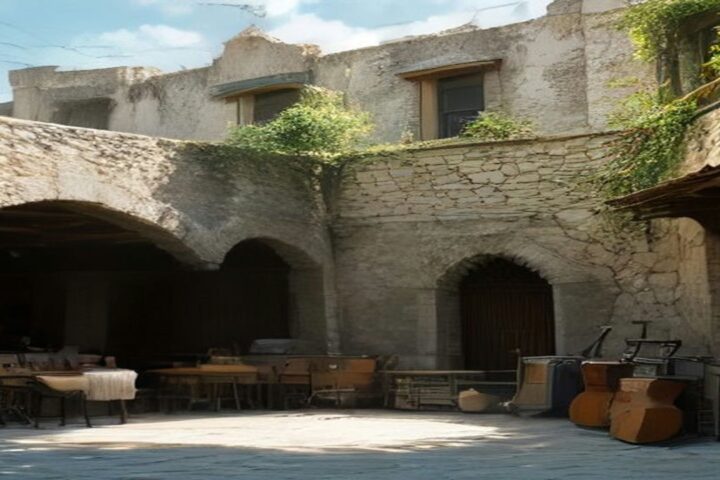 Patio de un edificio antiguo de piedra con arcos, mesas y sillas bajo la luz de la tarde