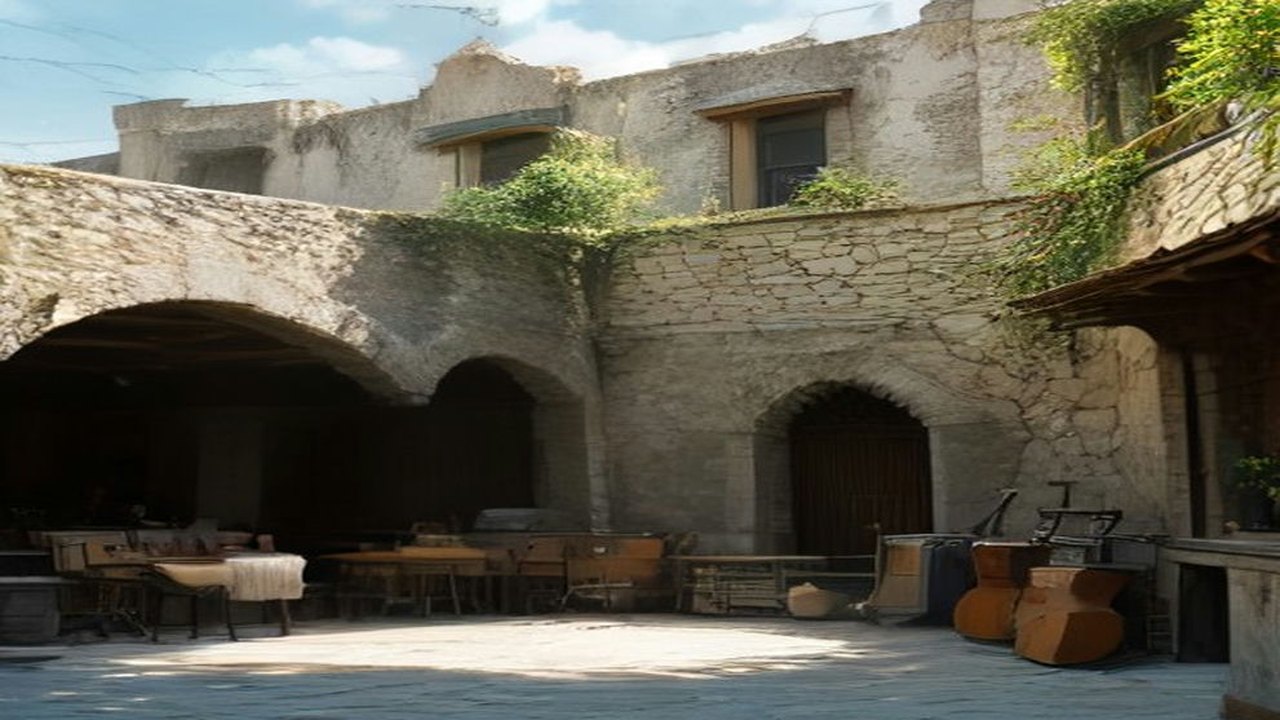 Patio de un edificio antiguo de piedra con arcos, mesas y sillas bajo la luz de la tarde