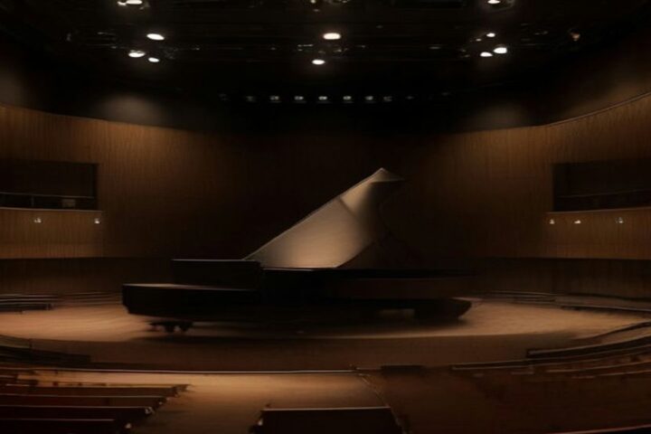 Piano de cola negro con la tapa abierta en el escenario de una sala de conciertos con paneles de madera y butacas vacías en penumbra