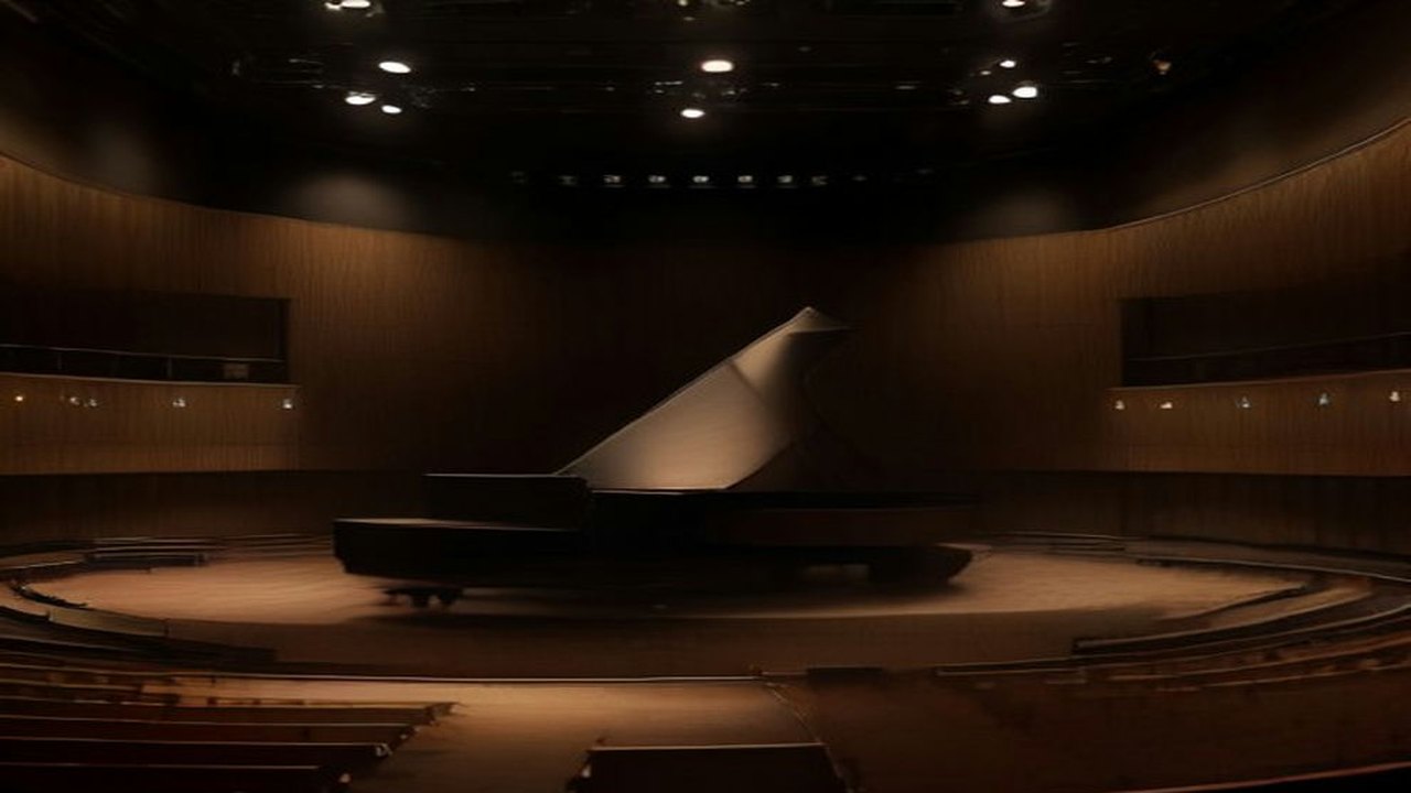 Piano de cola negro con la tapa abierta en el escenario de una sala de conciertos con paneles de madera y butacas vacías en penumbra