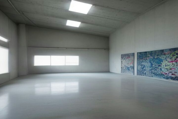 Galería de museo minimalista con muros blancos, tragaluces, piso de concreto pulido y obras abstractas de colores en la pared