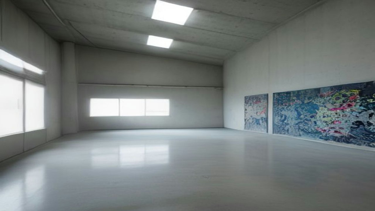 Galería de museo minimalista con muros blancos, tragaluces, piso de concreto pulido y obras abstractas de colores en la pared