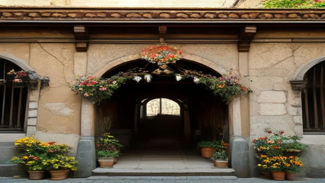 Fachada de una casona colonial con arco de piedra adornado con guirnaldas de flores y macetas de cempasúchil en la entrada