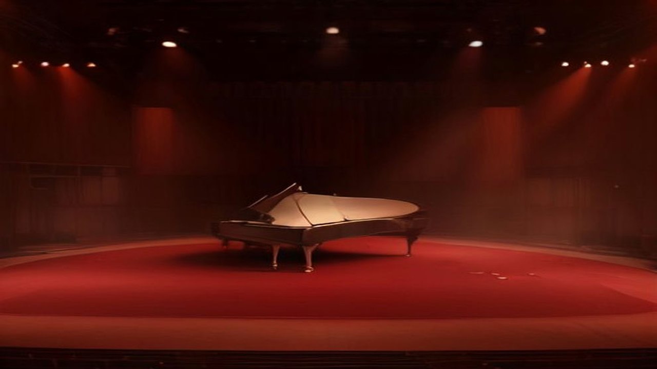 Escenario de sala de conciertos con un piano de cola bajo luces rojas y doradas, alfombra roja y butacas vacías en penumbra