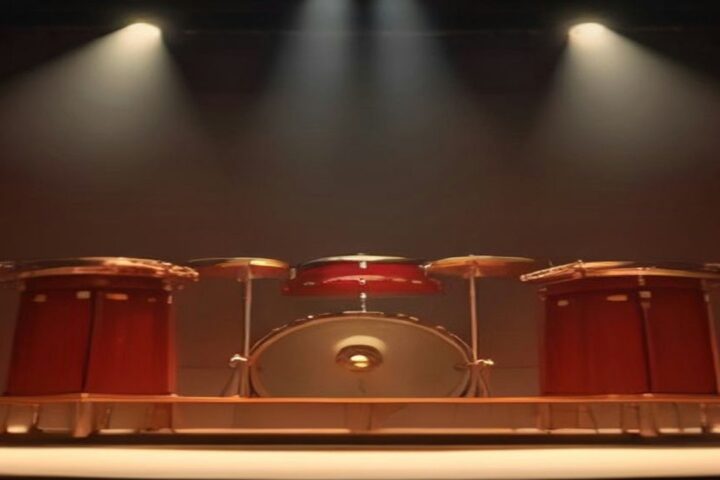 Escenario de concierto con tambores rojos y platillos bajo reflectores de luz cálida en una sala en penumbra