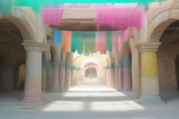 Patio con arcos de piedra decorado con tiras de papel de colores en tonos rosa, verde, amarillo y azul que cuelgan sobre el pasillo