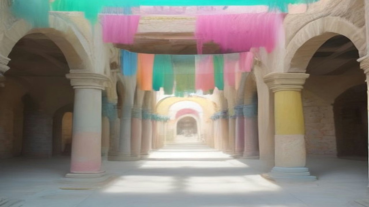 Patio con arcos de piedra decorado con tiras de papel de colores en tonos rosa, verde, amarillo y azul que cuelgan sobre el pasillo