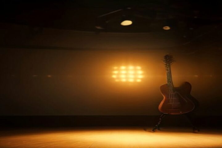 Escenario íntimo en penumbra con una guitarra eléctrica de cuerpo hueco iluminada por luces cálidas de color ámbar