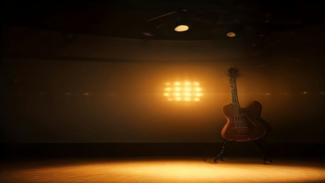 Escenario íntimo en penumbra con una guitarra eléctrica de cuerpo hueco iluminada por luces cálidas de color ámbar