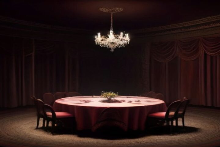 Escenario en penumbra con una mesa redonda de mantel rojo bajo un candelabro y cortinas de terciopelo al fondo