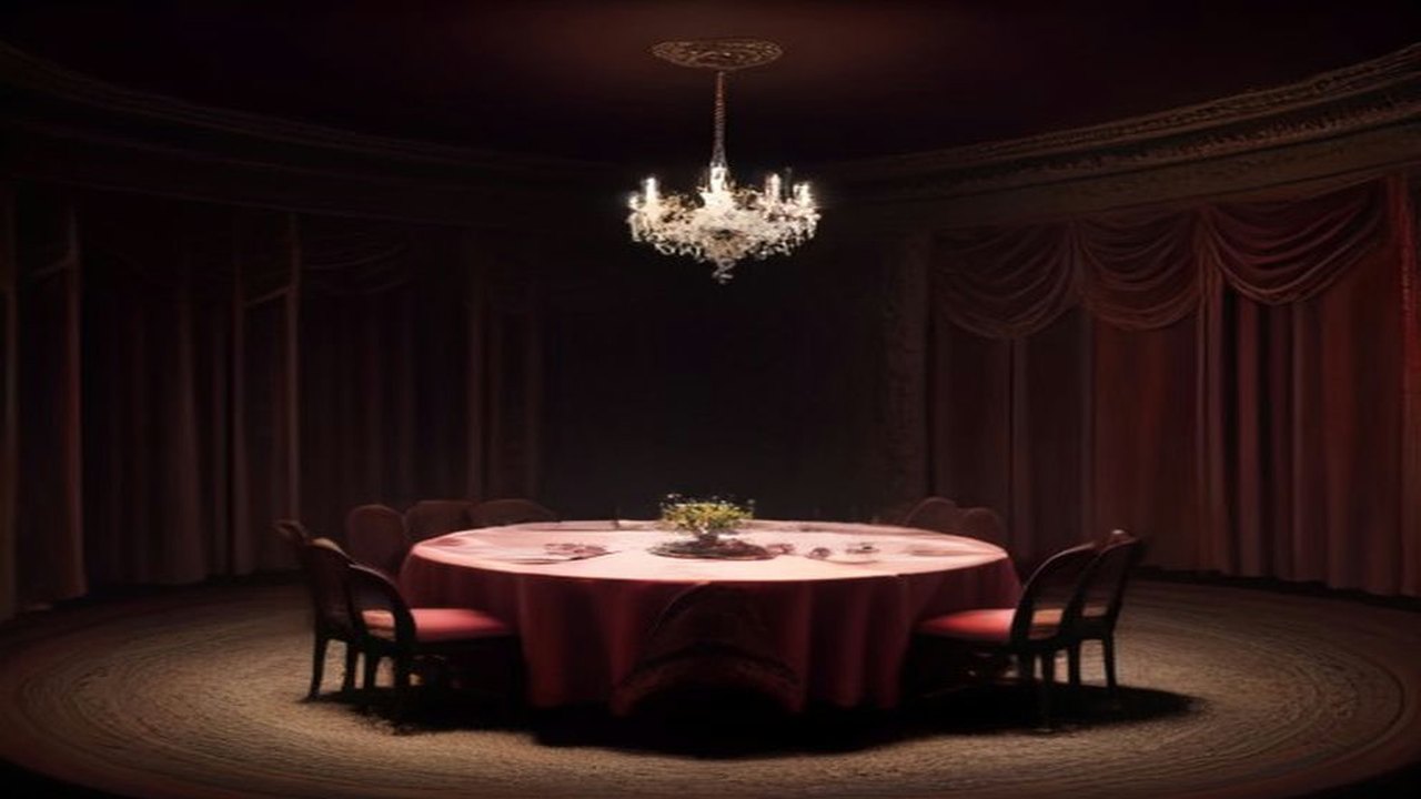 Escenario en penumbra con una mesa redonda de mantel rojo bajo un candelabro y cortinas de terciopelo al fondo