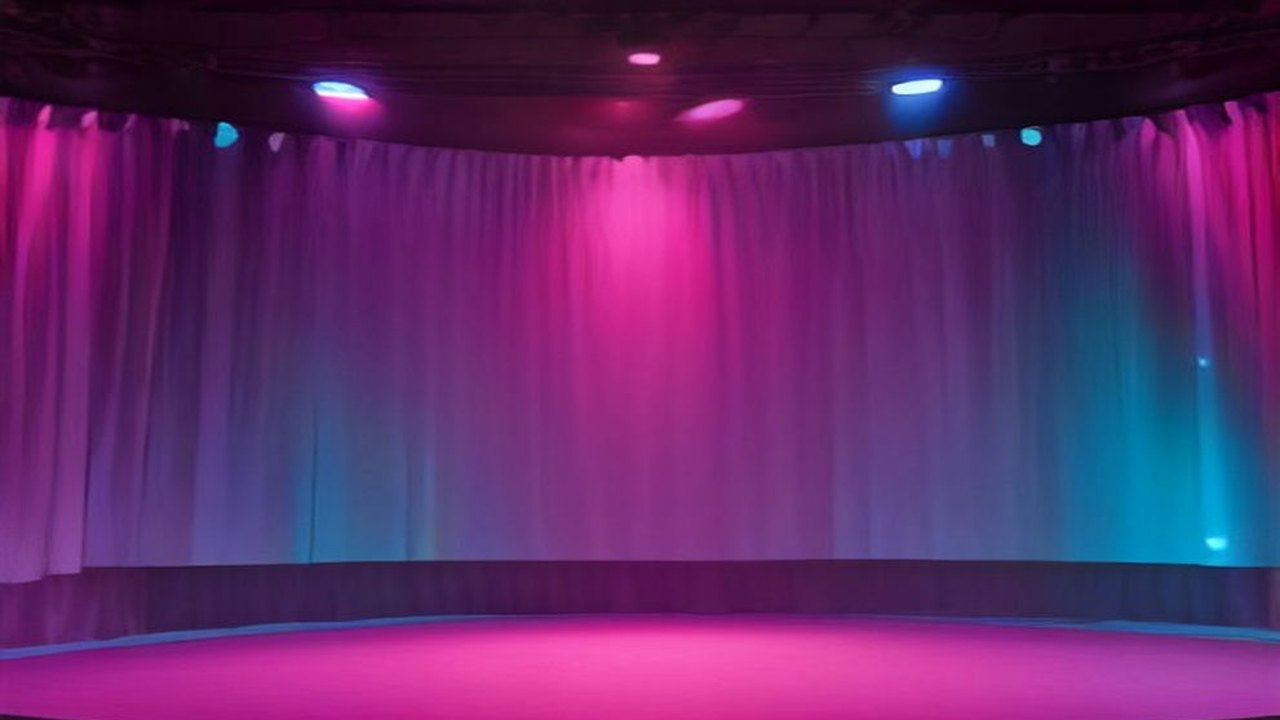 Escenario vacío con telón de terciopelo iluminado en tonos rosas, morados y azules