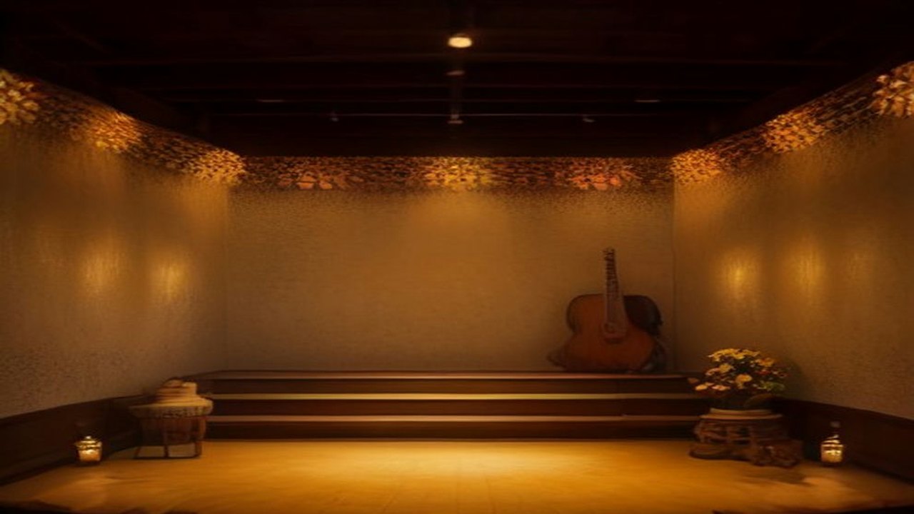 Pequeño escenario con tarima de madera, una guitarra tradicional, flores y velas encendidas bajo luz dorada
