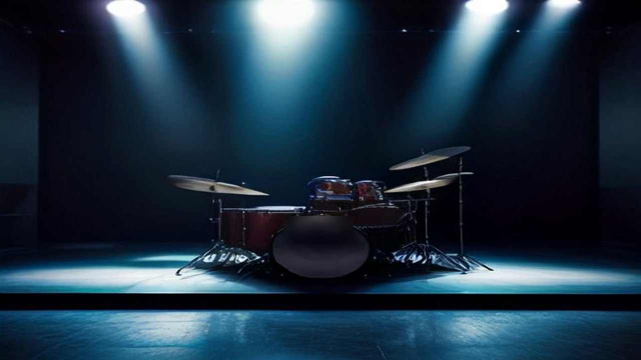 Escenario de concierto de metal en una arena techada, con batería y amplificadores vacíos bajo haces de luz azul y roja entre humo