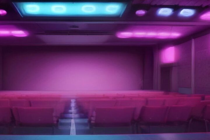 Escenario teatral con luces de neón rosas y turquesa, butacas rojas vacías y ambientación retro de los años ochenta