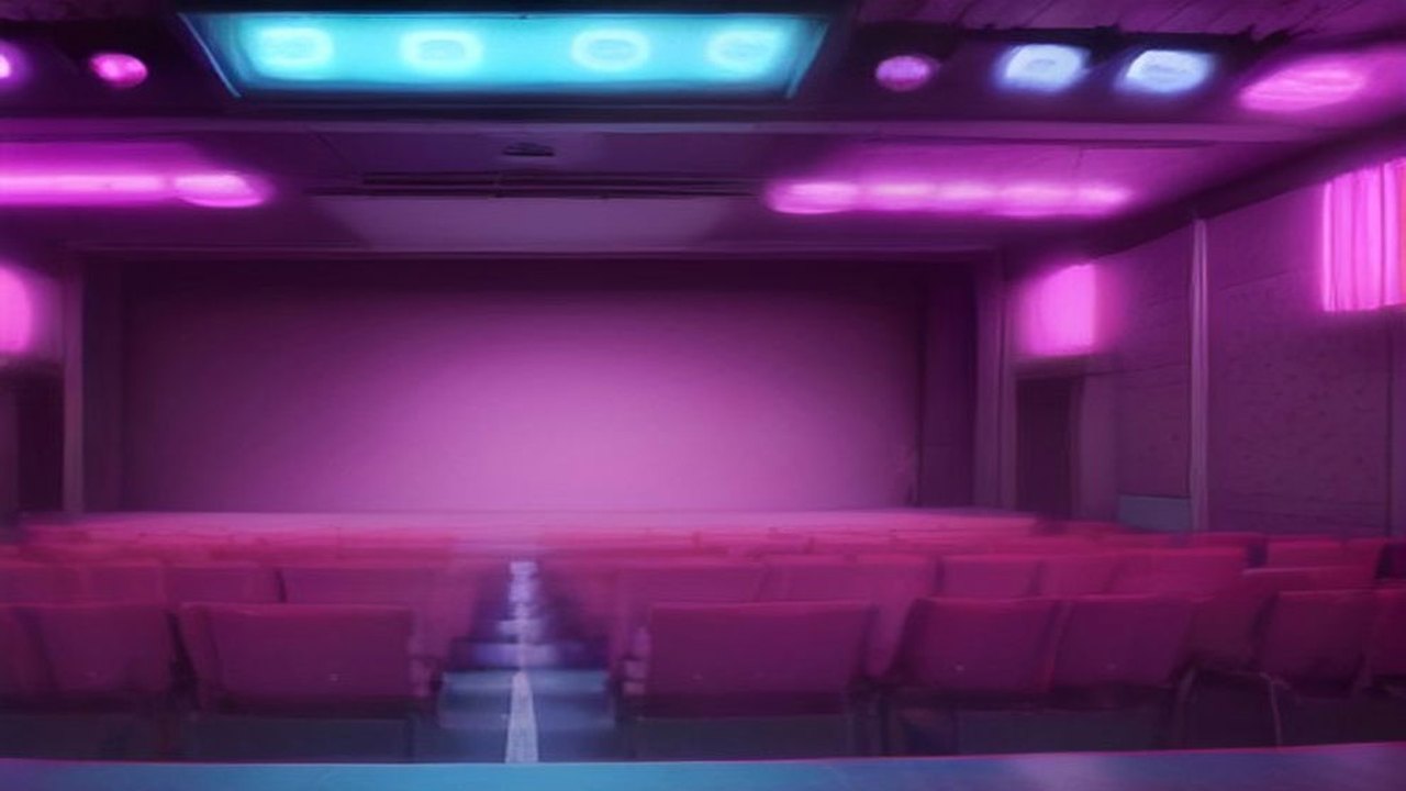 Escenario teatral con luces de neón rosas y turquesa, butacas rojas vacías y ambientación retro de los años ochenta