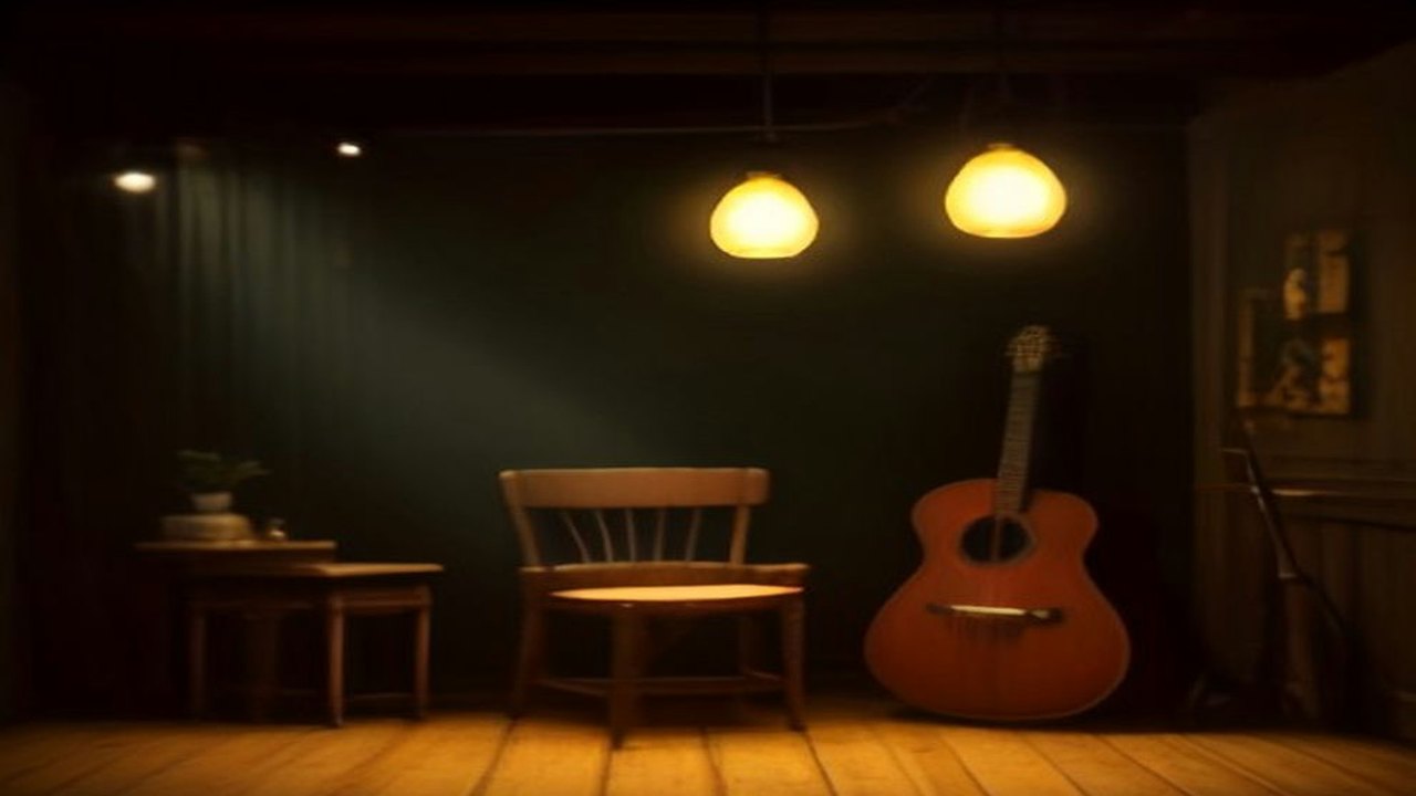 Escenario íntimo con una guitarra recargada junto a una silla de madera y lámparas colgantes de luz cálida