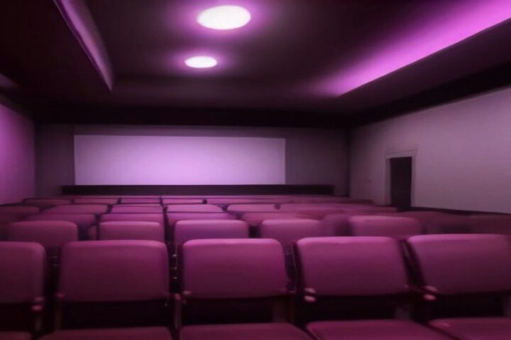 Sala de cine independiente vacía con la pantalla encendida en blanco, butacas de terciopelo y el haz de un proyector bajo luz violeta