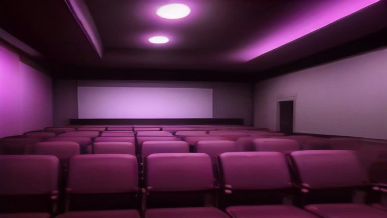 Sala de cine independiente vacía con la pantalla encendida en blanco, butacas de terciopelo y el haz de un proyector bajo luz violeta