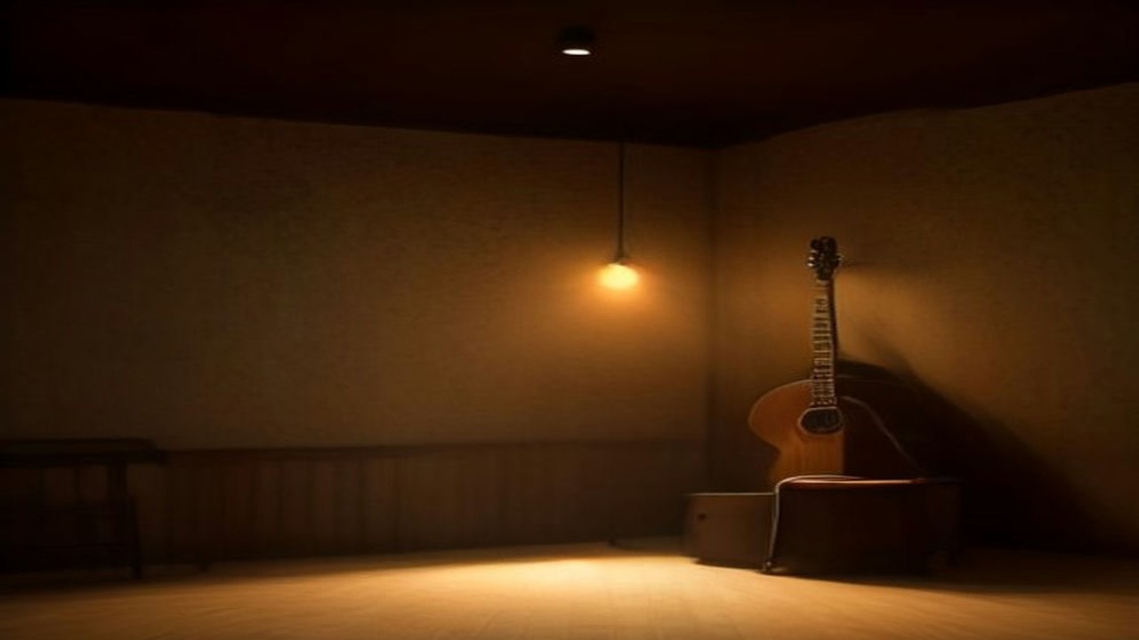 Escenario pequeño con una guitarra acústica recargada en un banco y una lámpara colgante de luz ámbar
