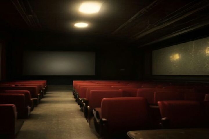 Sala de cine en penumbra con filas de butacas rojas vacías y una pantalla iluminada al fondo bajo luz cálida
