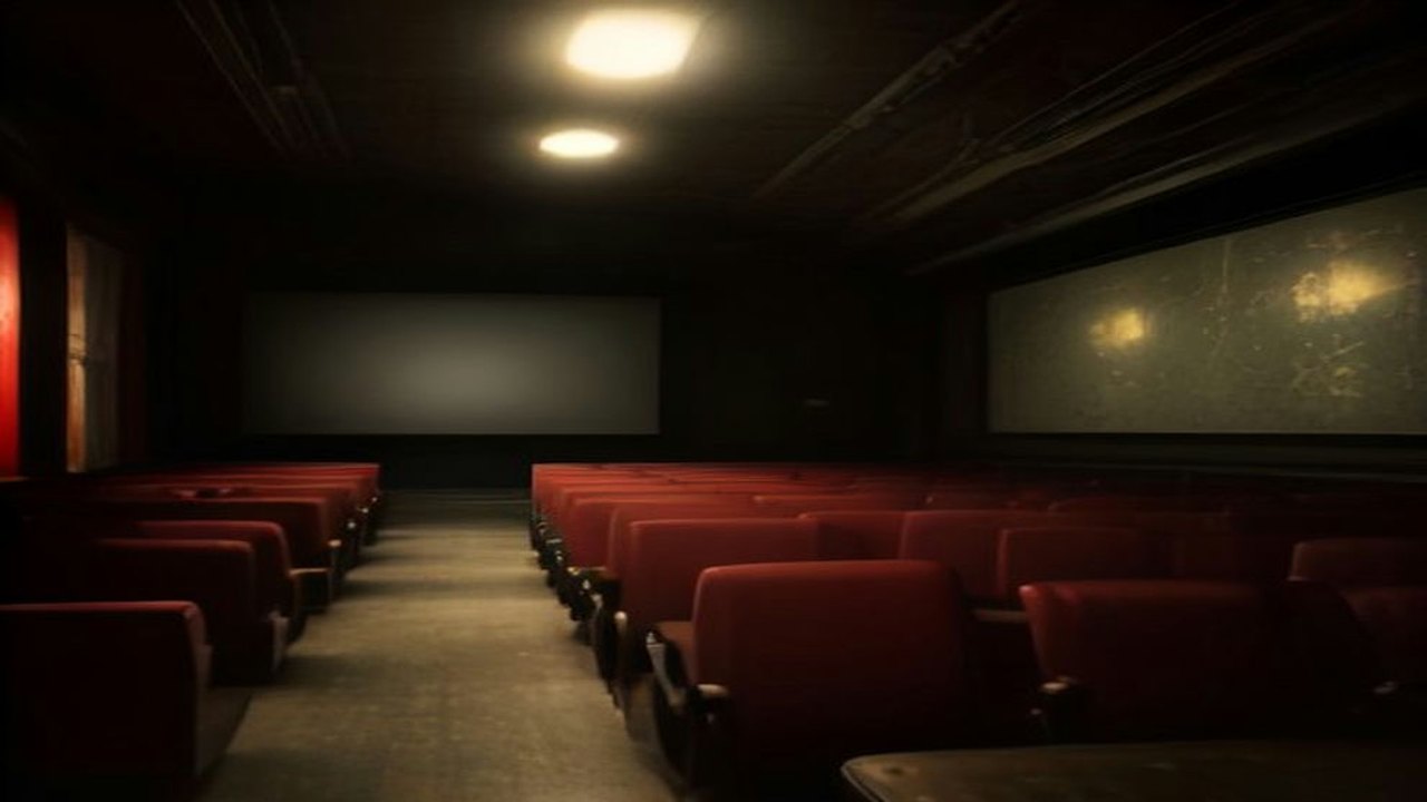Sala de cine en penumbra con filas de butacas rojas vacías y una pantalla iluminada al fondo bajo luz cálida