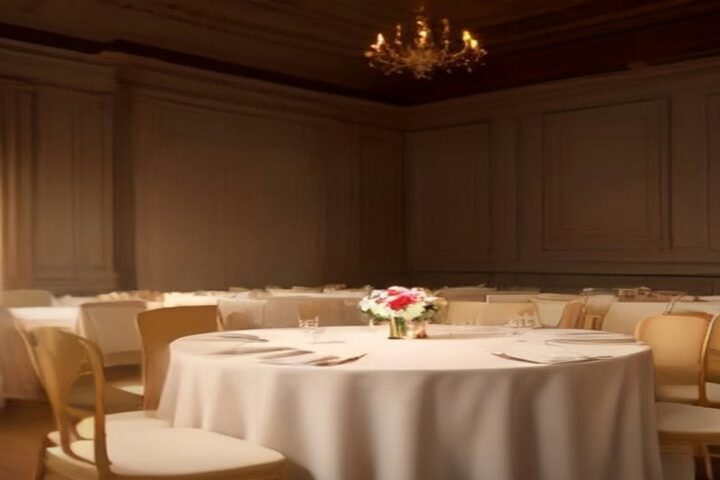 Salón elegante con mesas redondas de mantel blanco, sillas doradas, un arreglo de rosas y un candelabro encendido