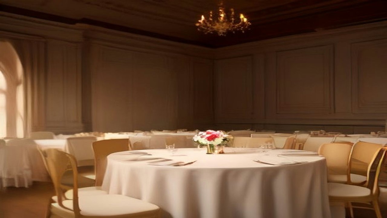 Salón elegante con mesas redondas de mantel blanco, sillas doradas, un arreglo de rosas y un candelabro encendido