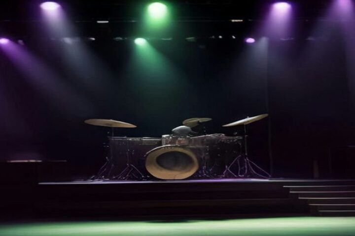 Escenario de rock vacío con una batería iluminada por haces de luz verde y morada entre humo