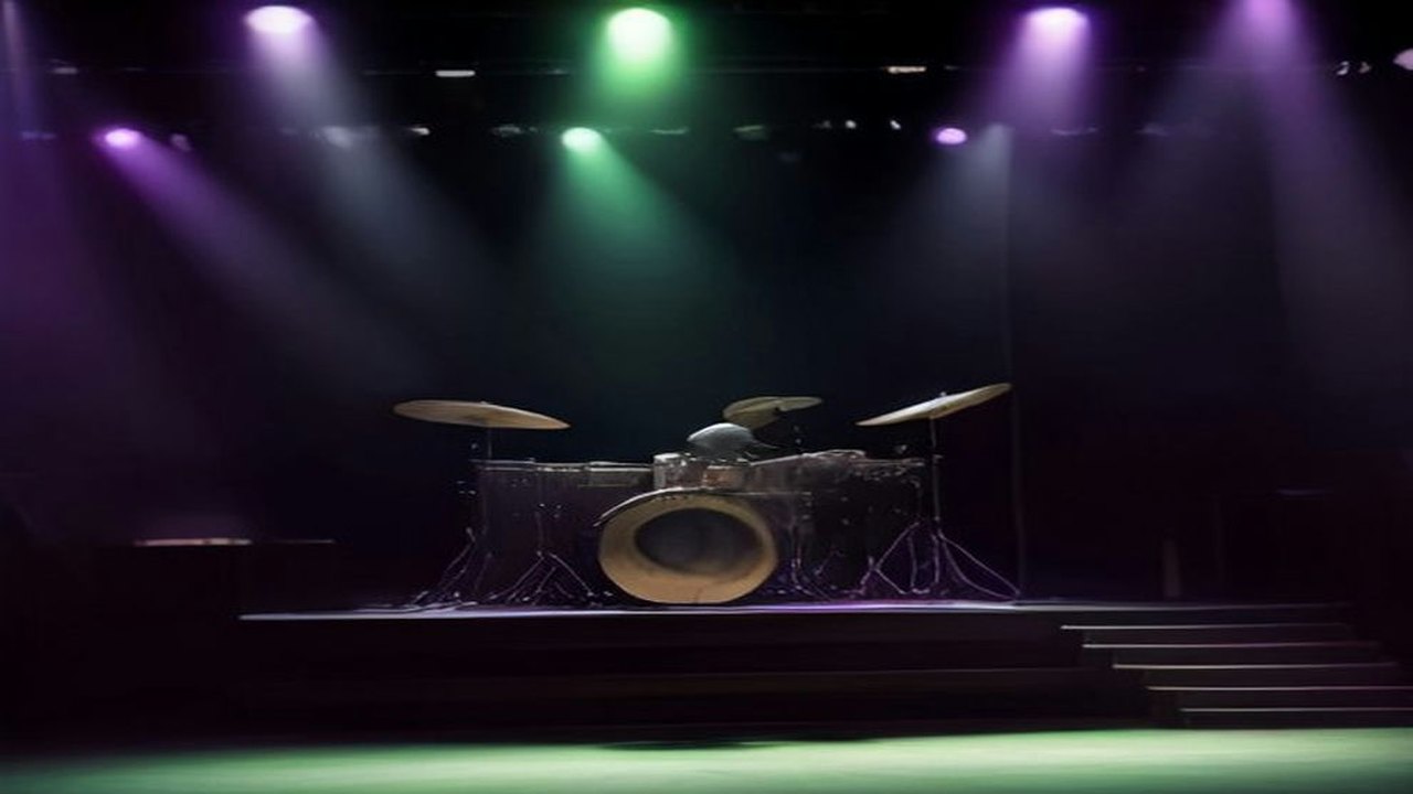 Escenario de rock vacío con una batería iluminada por haces de luz verde y morada entre humo