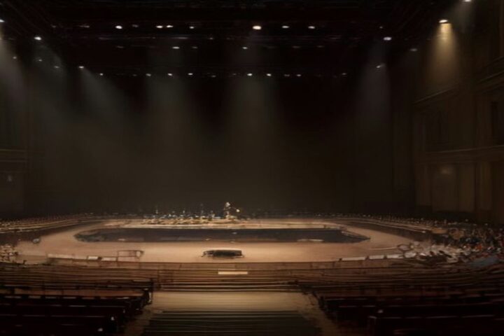 Escenario de una gran sala de conciertos con sillas y atriles de orquesta vacíos, violines y chelos en reposo y un micrófono al centro bajo luz dorada