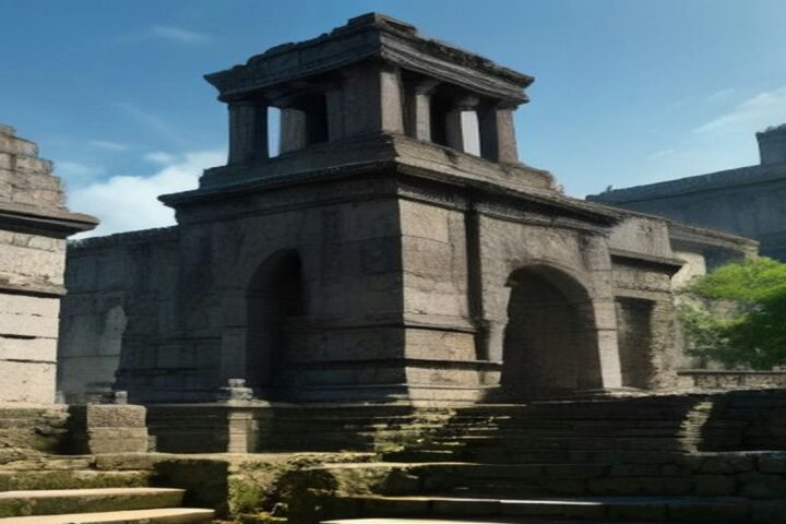 Vestigios de construcciones de piedra con escalinatas y arcos bajo un cielo azul, con vegetación a un costado