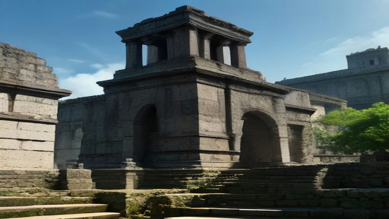 Vestigios de construcciones de piedra con escalinatas y arcos bajo un cielo azul, con vegetación a un costado
