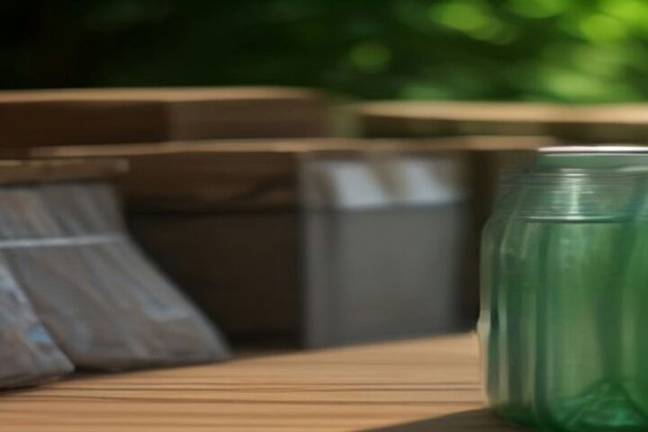 Mesa de madera al aire libre con frascos de vidrio verde, paquetes de cartón y cajas, con árboles desenfocados al fondo