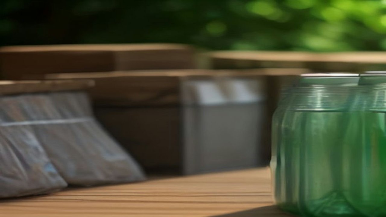 Mesa de madera al aire libre con frascos de vidrio verde, paquetes de cartón y cajas, con árboles desenfocados al fondo