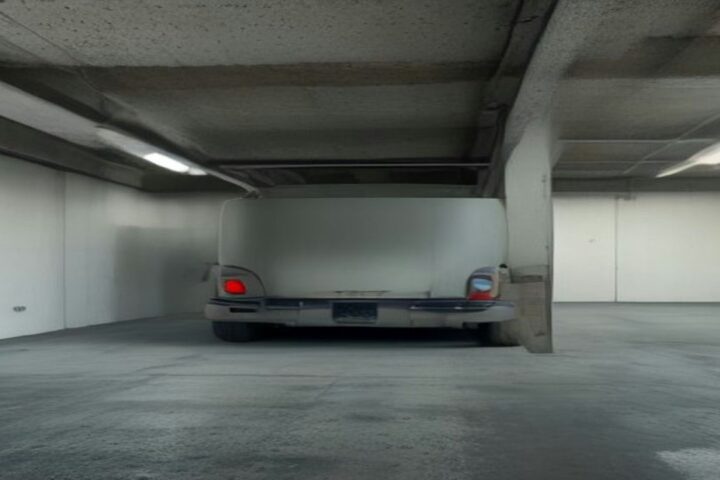 Interior de un taller de concreto con iluminación fluorescente y un auto estacionado de espaldas en un carril de servicio