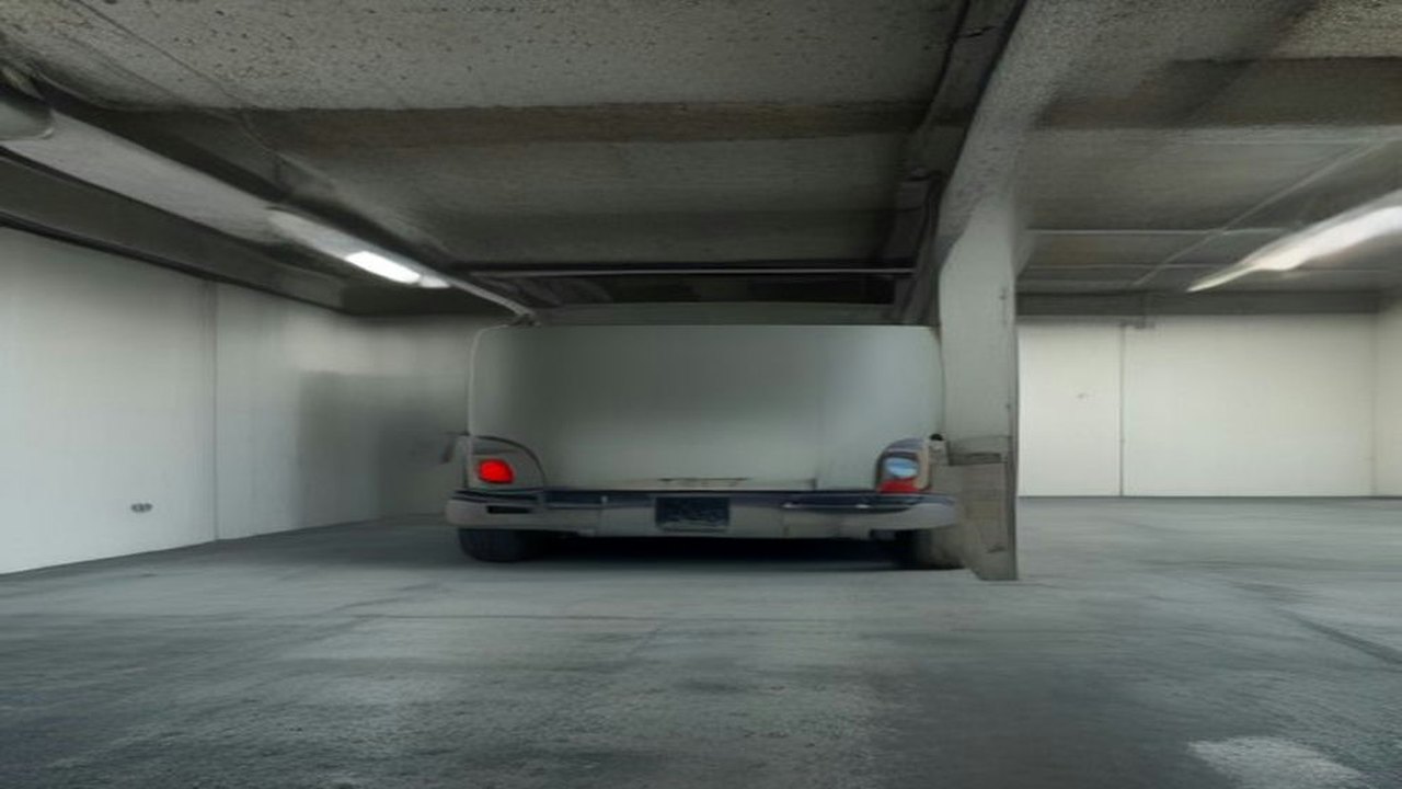Interior de un taller de concreto con iluminación fluorescente y un auto estacionado de espaldas en un carril de servicio