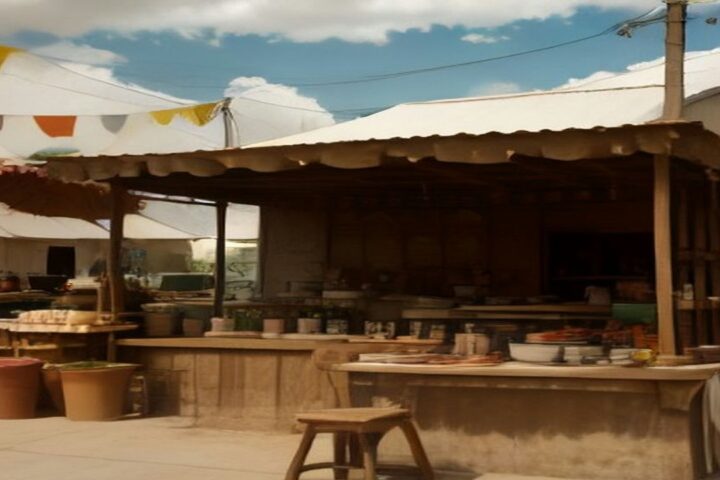 Puesto rústico de una feria gastronómica mexicana con ollas de barro, tazas de atole humeante y tamales sobre una mesa de madera