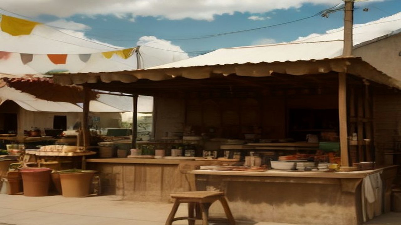 Puesto rústico de una feria gastronómica mexicana con ollas de barro, tazas de atole humeante y tamales sobre una mesa de madera